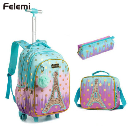 Children School Bags For Girls With Wheels Trolley Bag with Lunch Bag Schoolbag Set Teenagers Backpack Set Wheeled Backpack