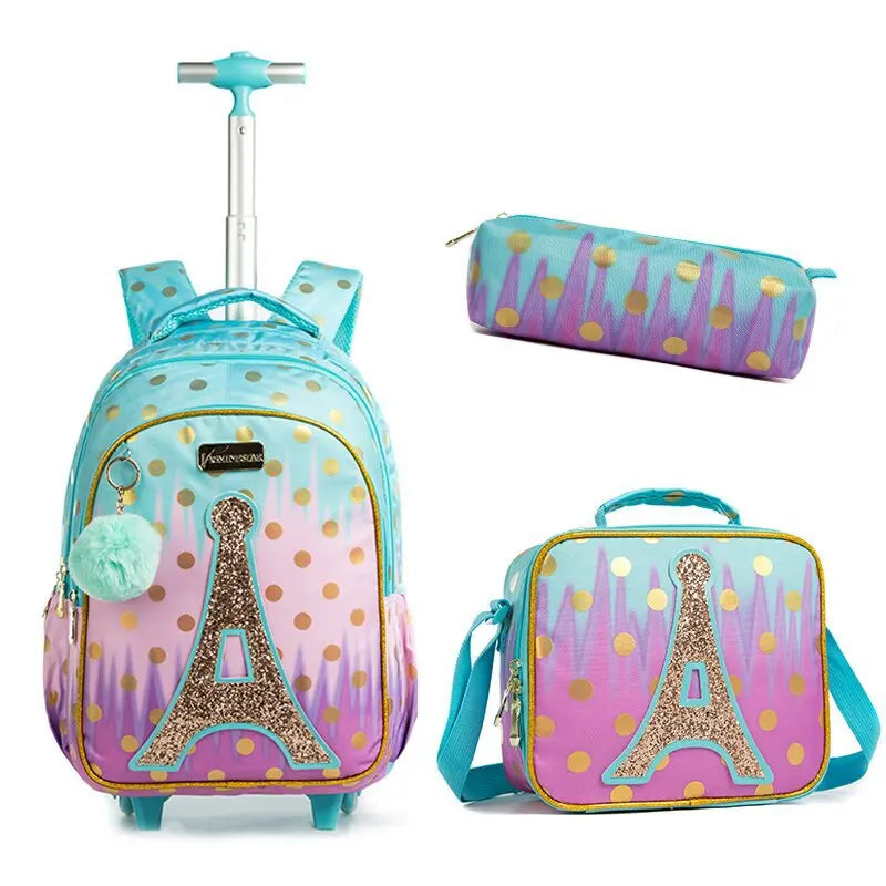 Children School Bags For Girls With Wheels Trolley Bag with Lunch Bag Schoolbag Set Teenagers Backpack Set Wheeled Backpack