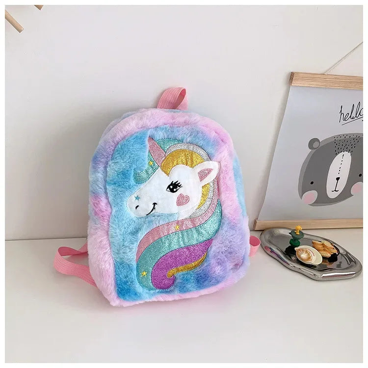 Children's Backpack Embroidered Color Cartoon Unicorn Backpack Lightweight Kindergarten Girl Cute Plush School Bag