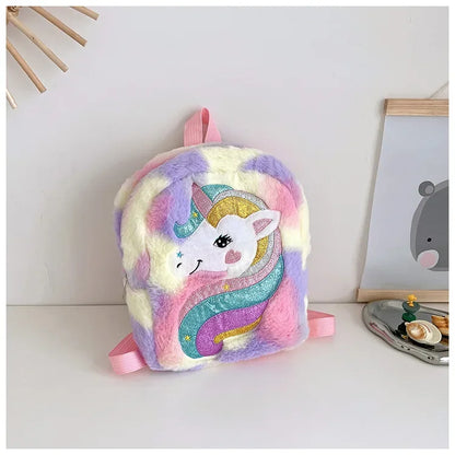Children's Backpack Embroidered Color Cartoon Unicorn Backpack Lightweight Kindergarten Girl Cute Plush School Bag