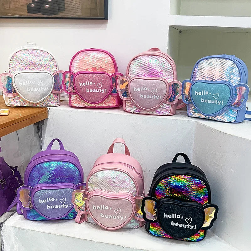Children's Backpack Love Sequins Cartoon Backpack Kindergarten Girls School Bag Casual Travel Rucksack Princess Dance Bag