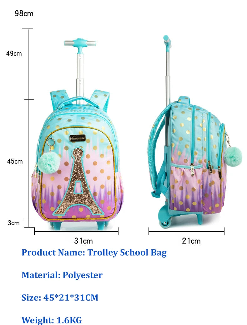 Children school Rolling Backpack Bag School Wheeled Backpack for girls SchooTrolley Bag Wheels Kids Travel luggage Trolley Bags