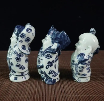 China Blue and white ceramic Fu lu shou three God crafts statue A set
