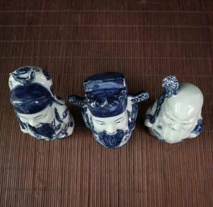China Blue and white ceramic Fu lu shou three God crafts statue A set