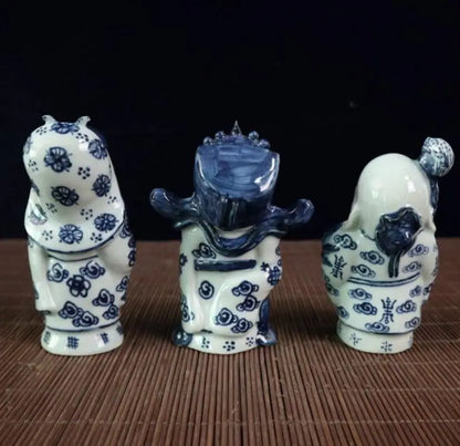 China Blue and white ceramic Fu lu shou three God crafts statue A set