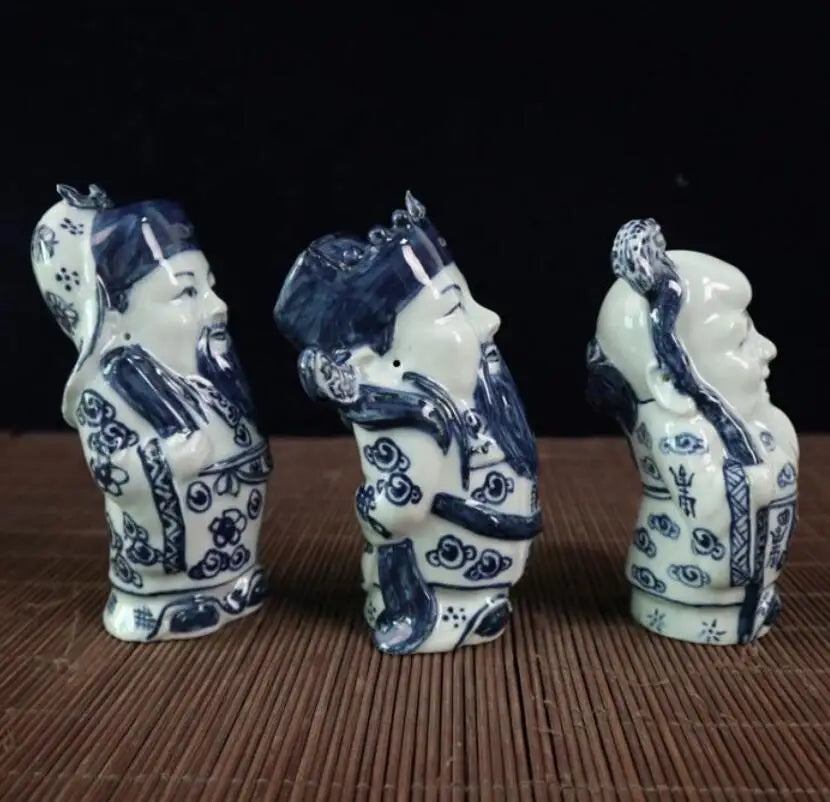 China Blue and white ceramic Fu lu shou three God crafts statue A set