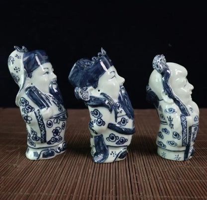 China Blue and white ceramic Fu lu shou three God crafts statue A set