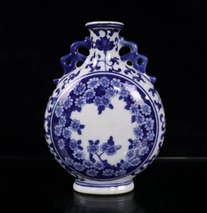 China Blue and white ceramic double ear flat vase crafts statue