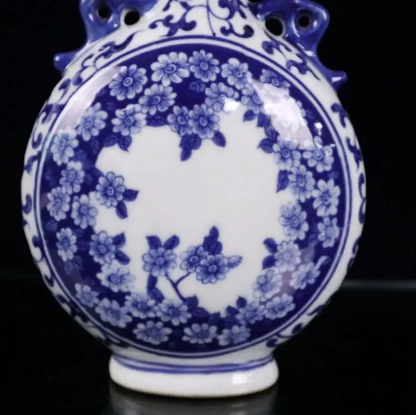 China Blue and white ceramic double ear flat vase crafts statue