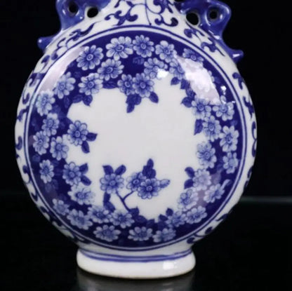 China Blue and white ceramic double ear flat vase crafts statue