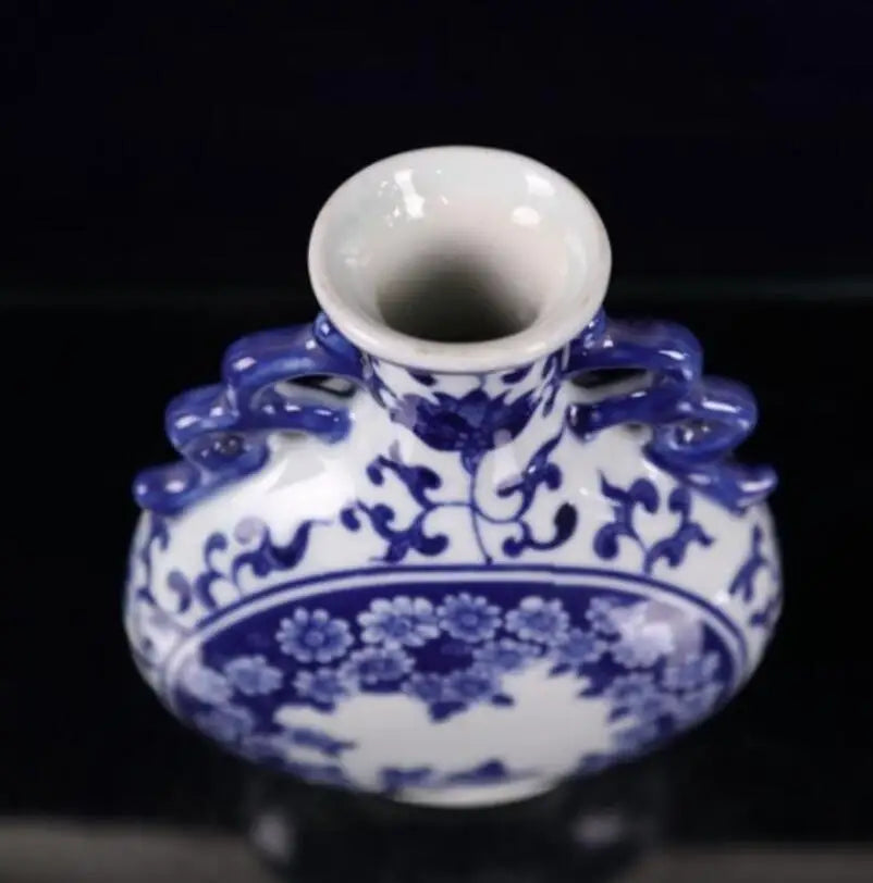 China Blue and white ceramic double ear flat vase crafts statue