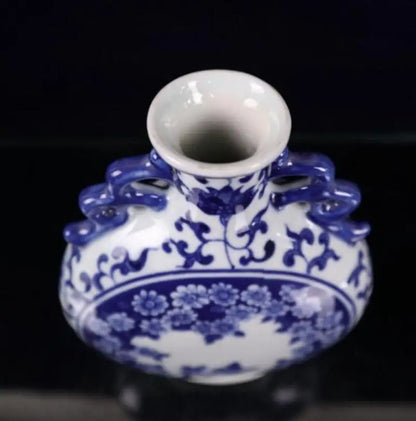China Blue and white ceramic double ear flat vase crafts statue
