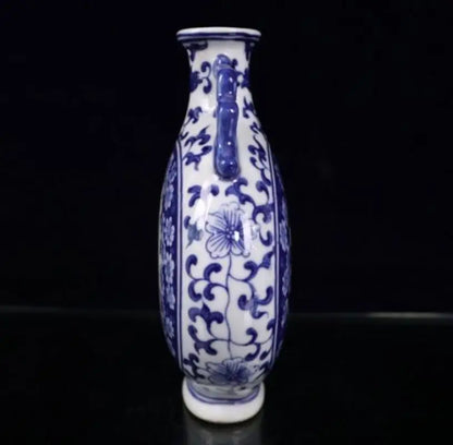 China Blue and white ceramic double ear flat vase crafts statue