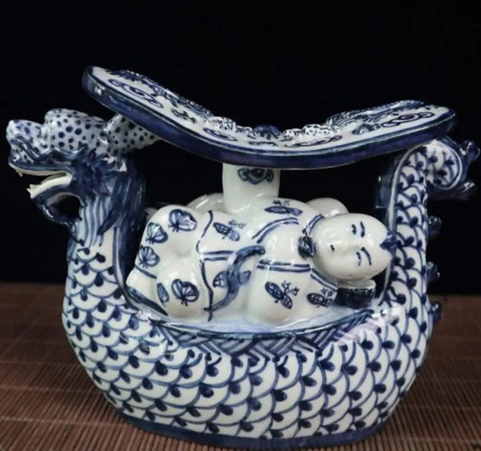 China Blue and white ceramic dragon pillow crafts statue