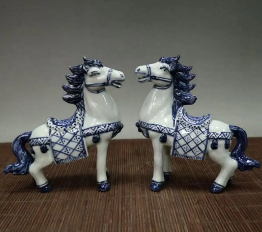 China Blue and white ceramic horse crafts statue A pair