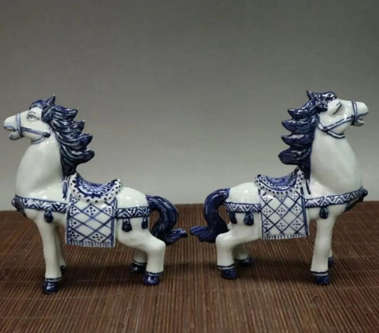 China Blue and white ceramic horse crafts statue A pair