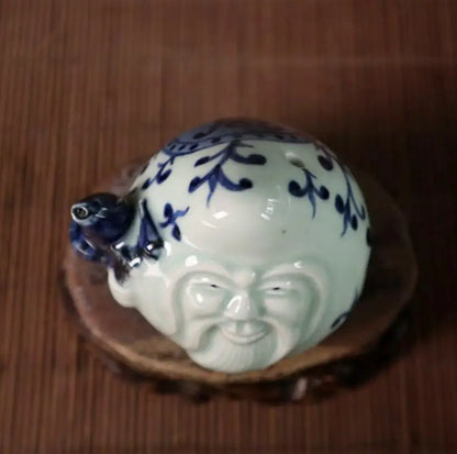 China Blue and white ceramic longevity Buddha small crafts statue