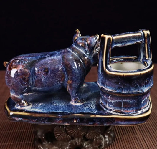 China Blue glaze ceramic blessing pig crafts statue