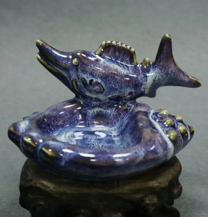 China Blue glaze ceramic fish pen wash crafts statue