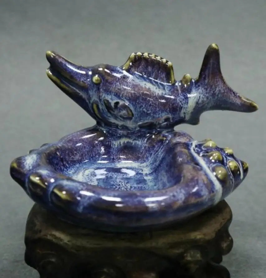 China Blue glaze ceramic fish pen wash crafts statue