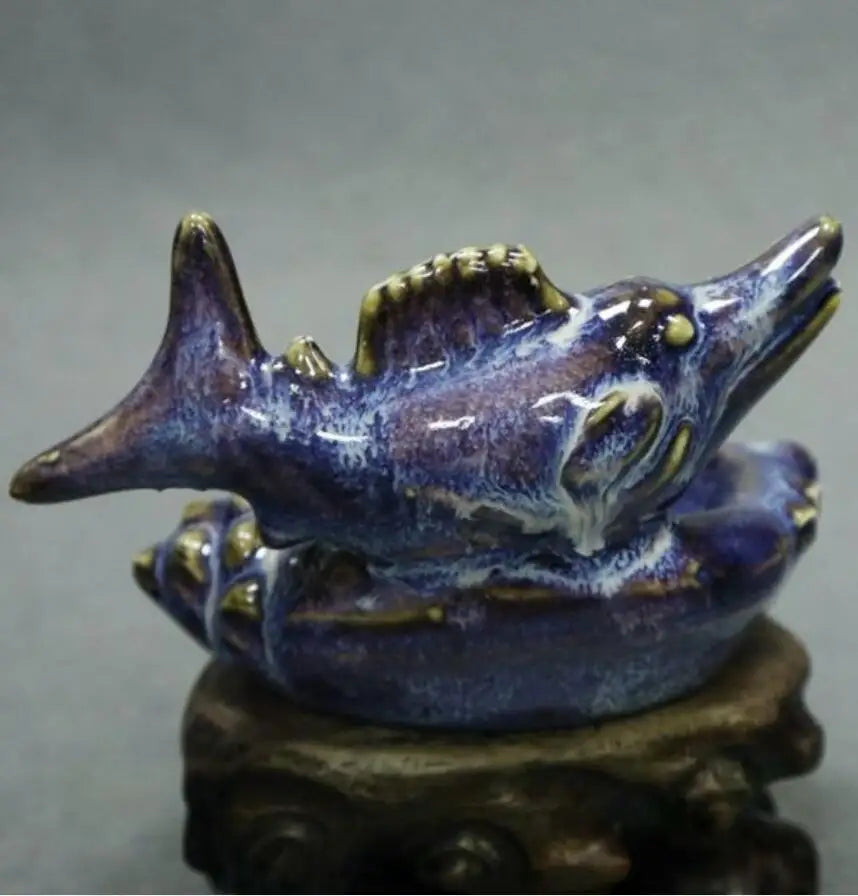 China Blue glaze ceramic fish pen wash crafts statue
