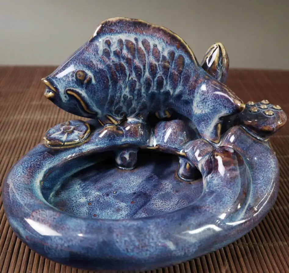 China Blue glaze ceramic fish pen wash crafts statue