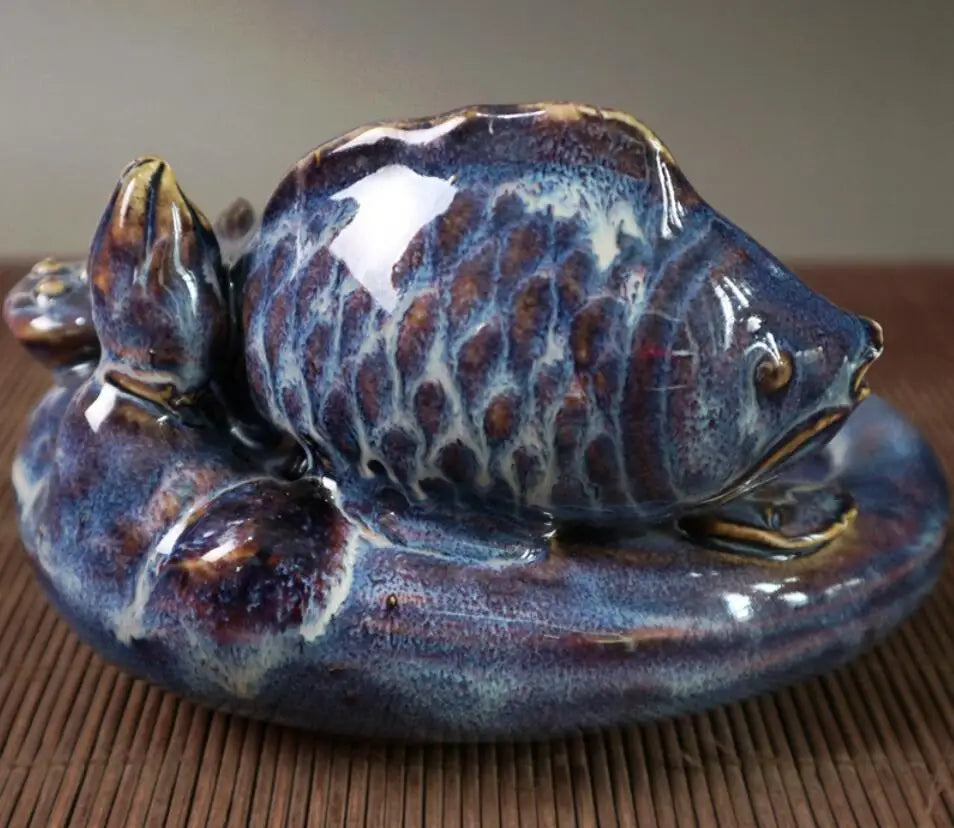 China Blue glaze ceramic fish pen wash crafts statue