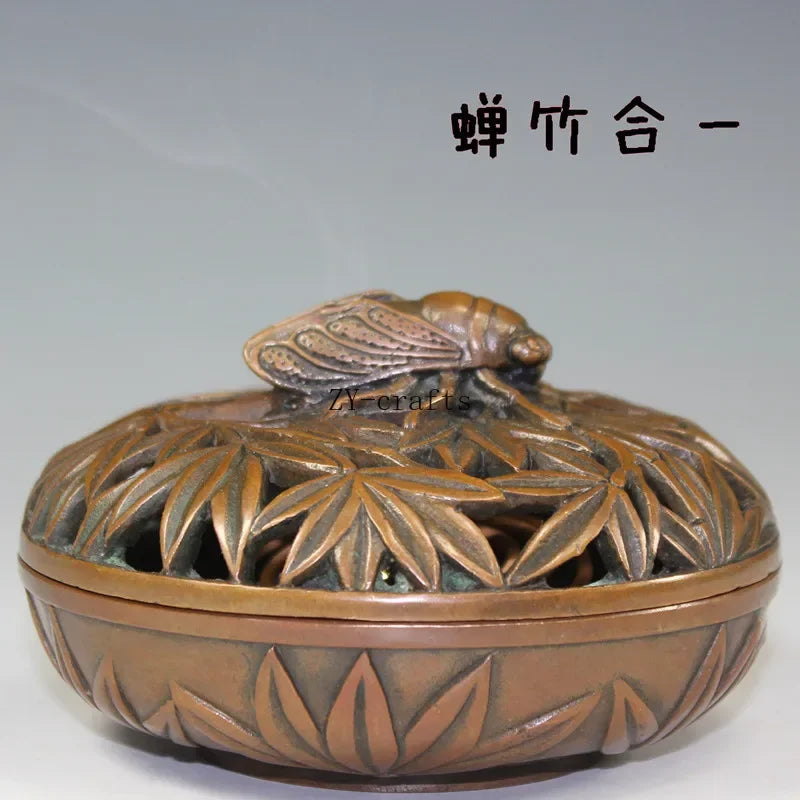 China Brass Bamboo Carving Cicada Incense Burner Crafts Statue