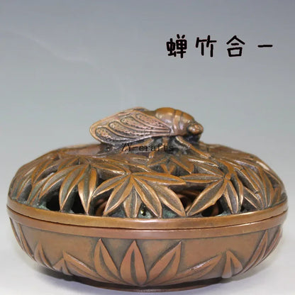 China Brass Bamboo Carving Cicada Incense Burner Crafts Statue