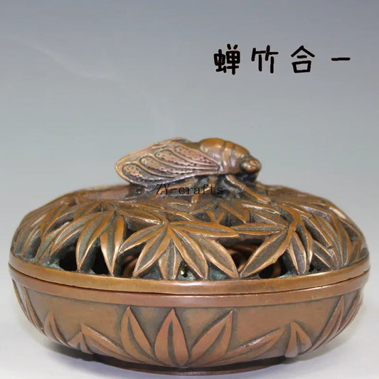 China Brass Bamboo Carving Cicada Incense Burner Crafts Statue