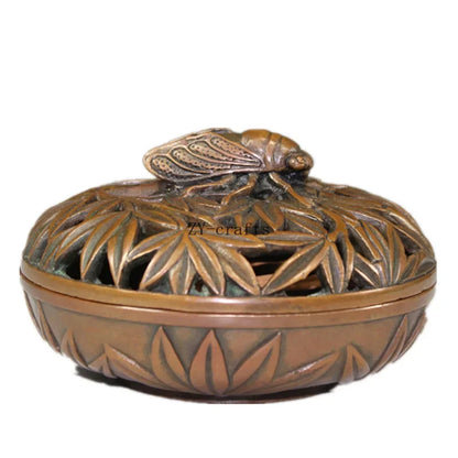 China Brass Bamboo Carving Cicada Incense Burner Crafts Statue