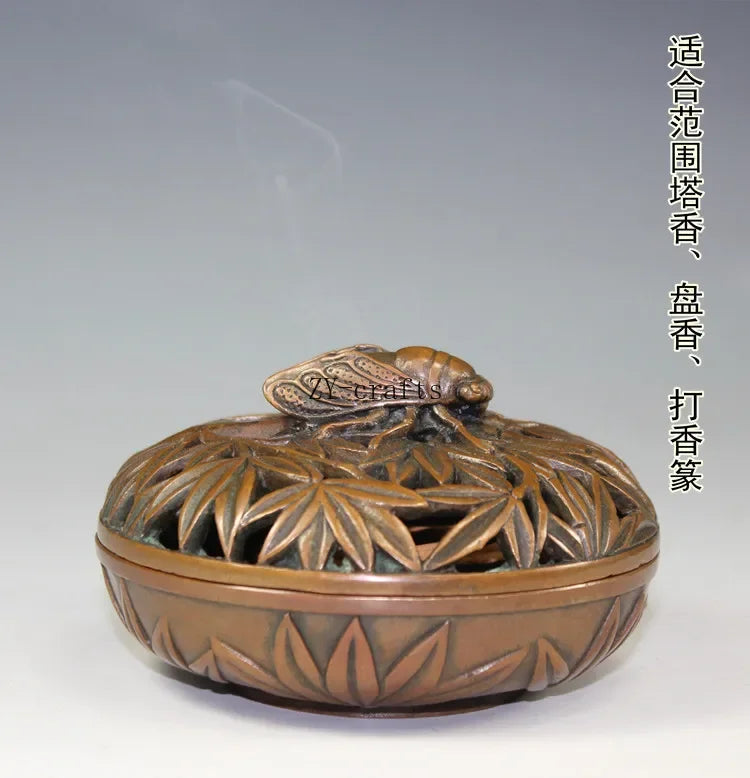 China Brass Bamboo Carving Cicada Incense Burner Crafts Statue