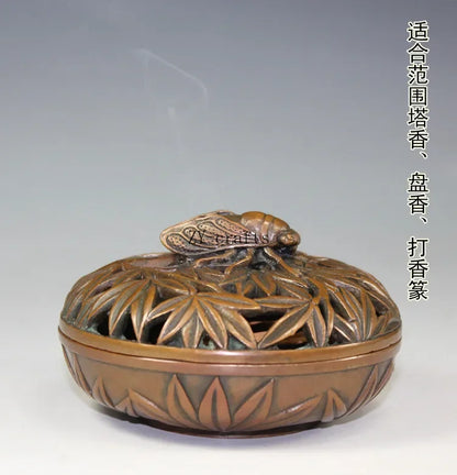 China Brass Bamboo Carving Cicada Incense Burner Crafts Statue