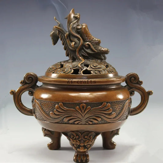 China Brass Copper Dragon Head Incense Burner Crafts Statue Collection
