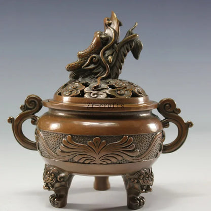 China Brass Copper Dragon Head Incense Burner Crafts Statue Collection