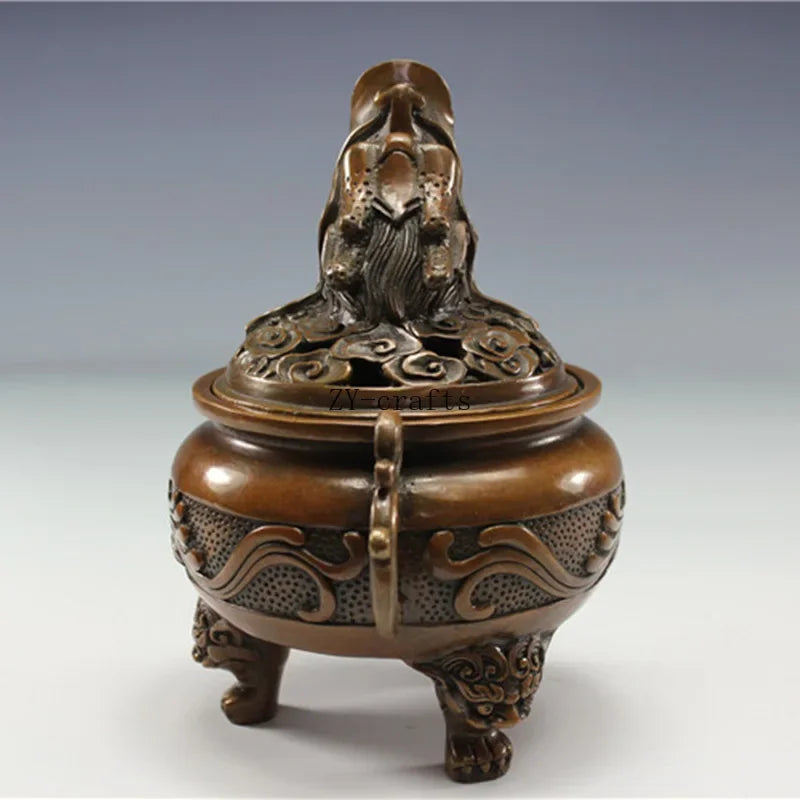 China Brass Copper Dragon Head Incense Burner Crafts Statue Collection