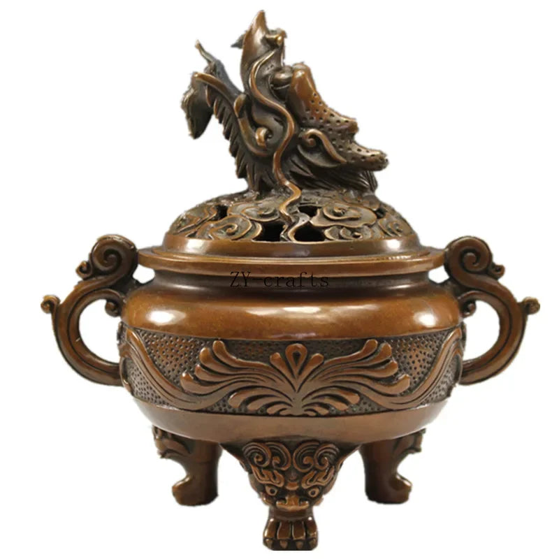 China Brass Copper Dragon Head Incense Burner Crafts Statue Collection
