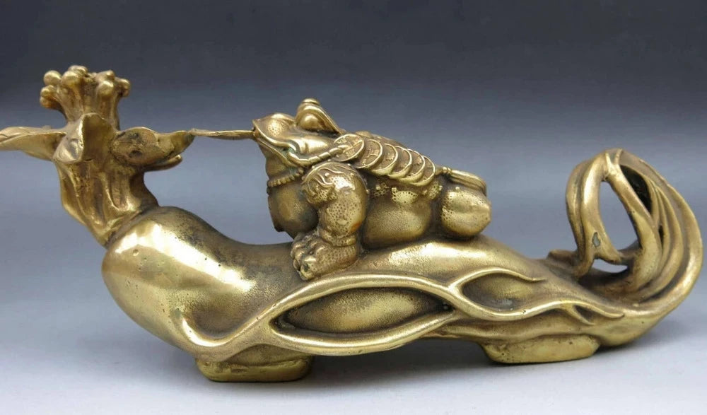 China Brass Copper Fengshui Wealth Money golden toad bufonid ginseng Statue