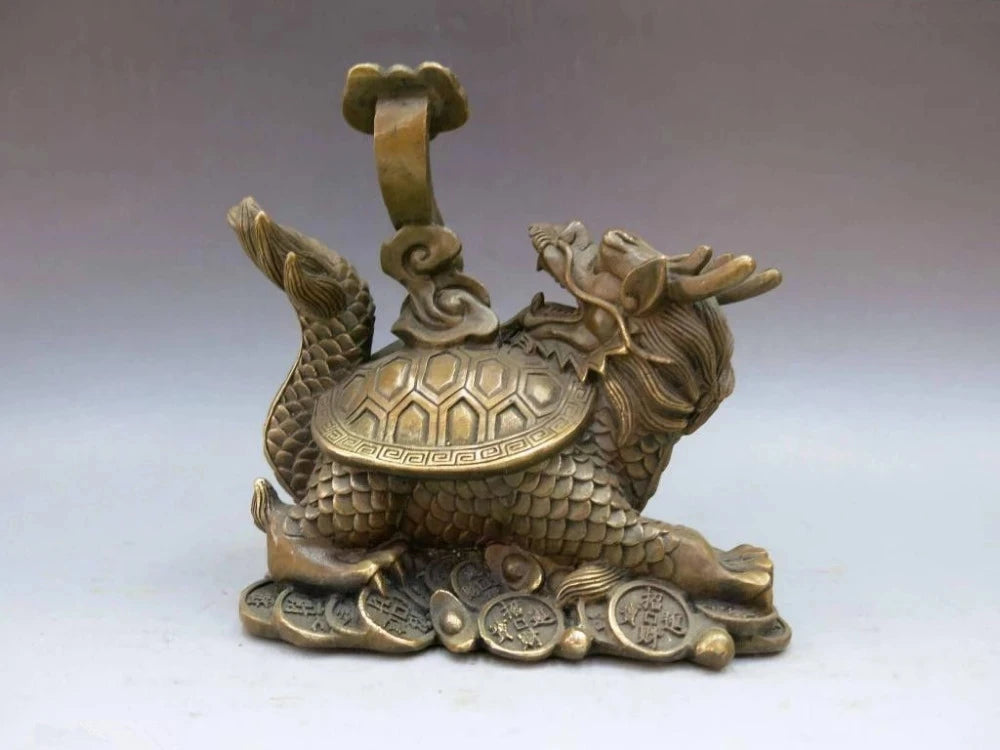 China Brass Copper Fengshui ruyi Wealth Dragon Turtle tortoise Statue