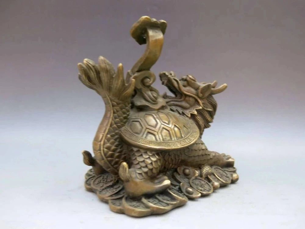 China Brass Copper Fengshui ruyi Wealth Dragon Turtle tortoise Statue