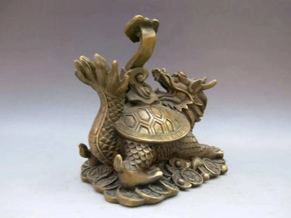 China Brass Copper Fengshui ruyi Wealth Dragon Turtle tortoise Statue