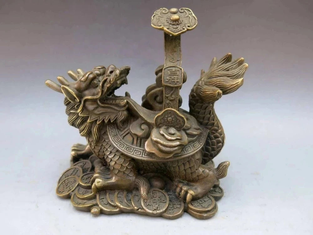 China Brass Copper Fengshui ruyi Wealth Dragon Turtle tortoise Statue
