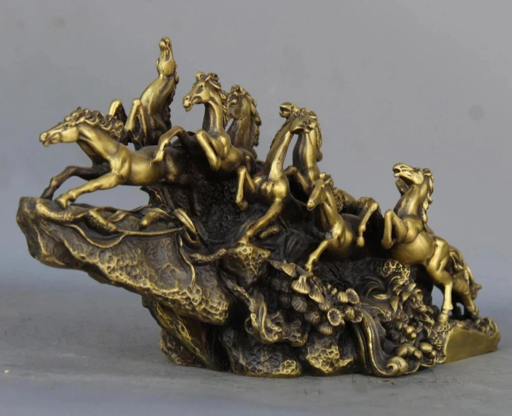 China Brass Copper Lucky Feng Shui Nine Horses sculpture Horse Art Statue