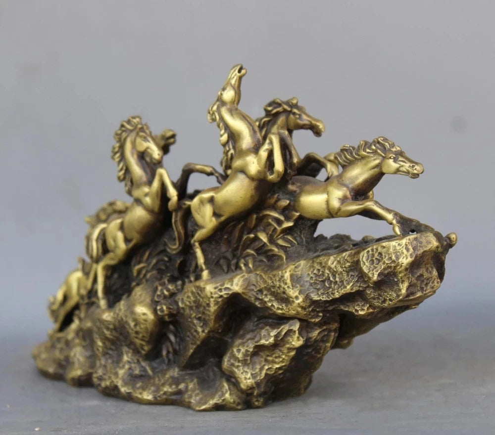 China Brass Copper Lucky Feng Shui Nine Horses sculpture Horse Art Statue