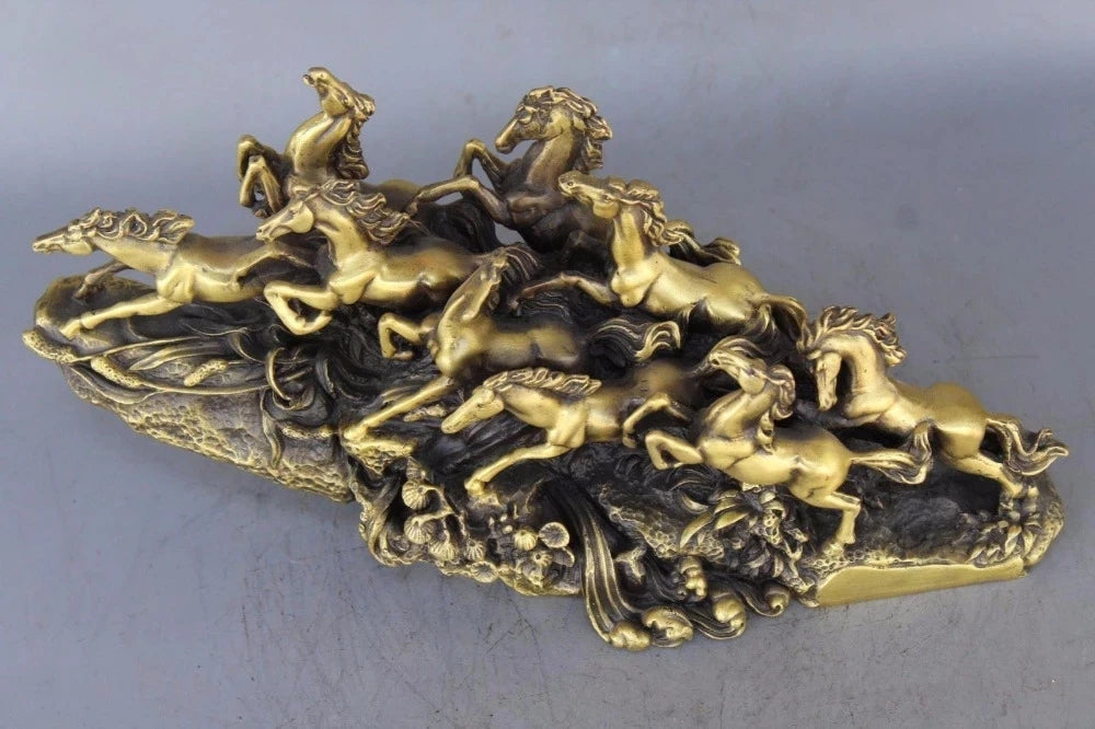 China Brass Copper Lucky Feng Shui Nine Horses sculpture Horse Art Statue
