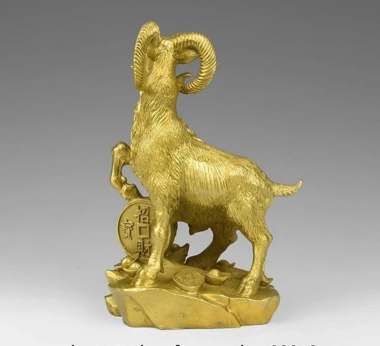 China Brass Copper Zodiac Auspicious Fengshui Yuanbao Wealth Sheep Goat Statue