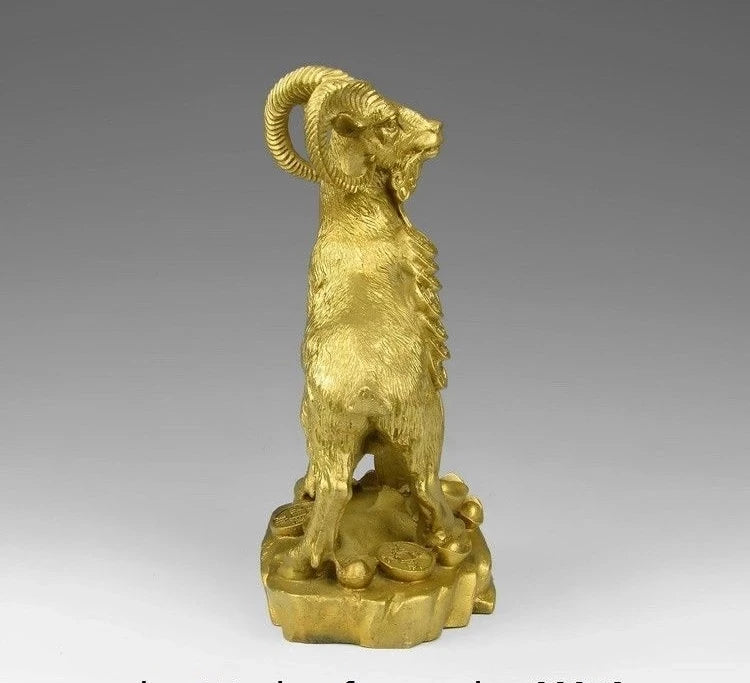 China Brass Copper Zodiac Auspicious Fengshui Yuanbao Wealth Sheep Goat Statue