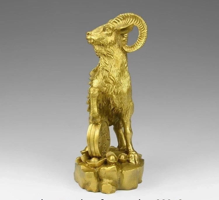 China Brass Copper Zodiac Auspicious Fengshui Yuanbao Wealth Sheep Goat Statue