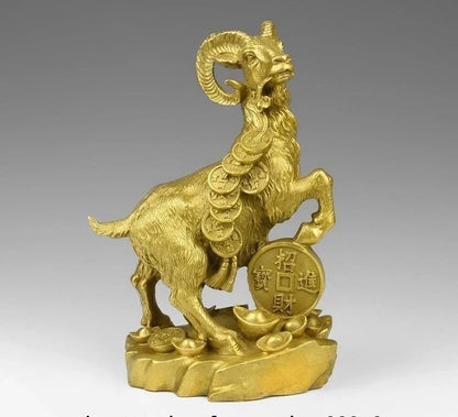 China Brass Copper Zodiac Auspicious Fengshui Yuanbao Wealth Sheep Goat Statue