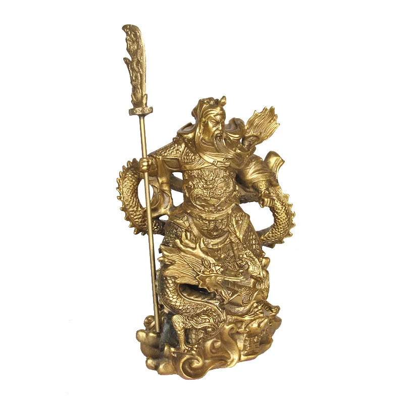 China Brass Dragon Robe Stand Dragon Warrior Guan Gong Yu Door-God Sword Statue